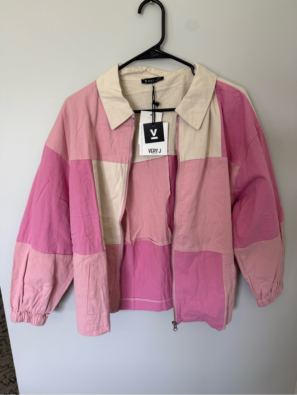 Very J Pink & Cream Patchwork Cotton Bomber Jacket